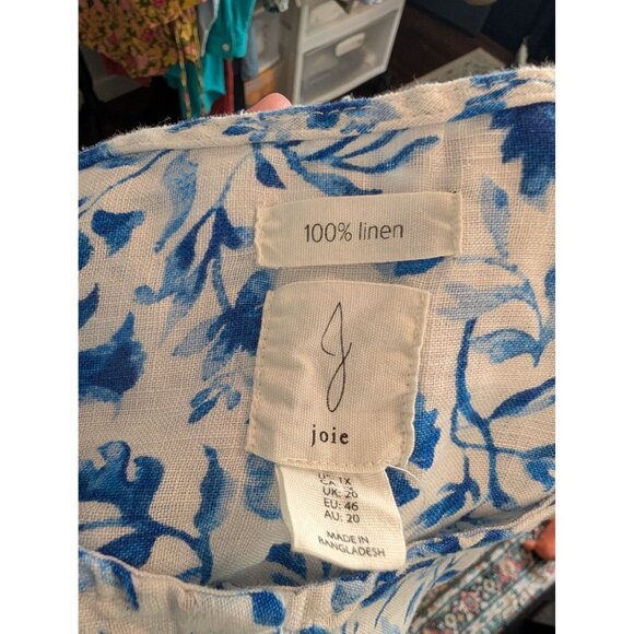 Joie Blue & White Floral 100% Linen Button-Front Roll Tab Sleeve Tunic Top - 1X - Picture 5 of 7